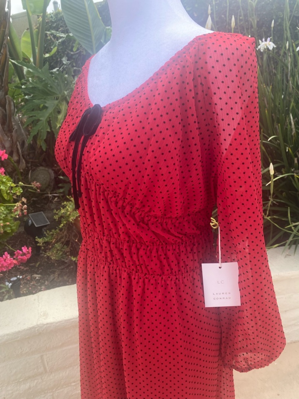 LC Lauren Conrad Red Dress with Black Dot Print and Tie Front